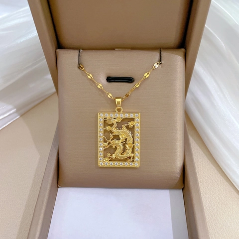 Dragon Pendant Necklace Titanium Steel Chain Copper Micro Inlaid Zirconia Rectangular Hollow Chinese Dragon Motif For Women