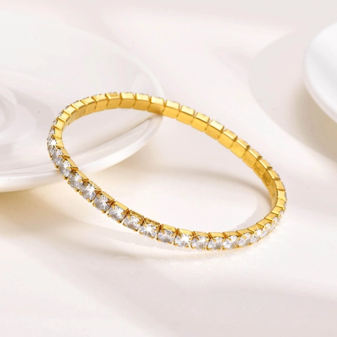 Tennis Bracelet Full AAA Cubic Zirconia Inlaid Titanium Steel Gold Silver Color Sparkly Jewelry For Women