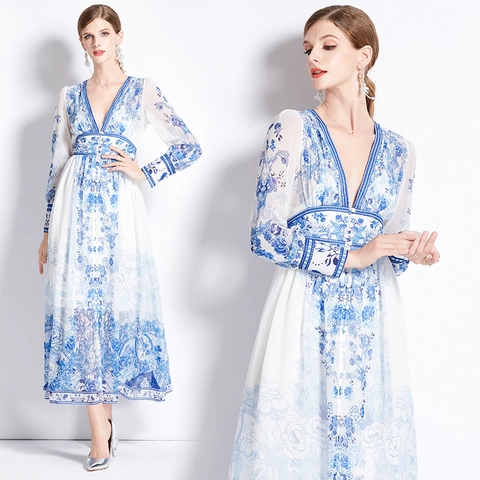 Abito Maxi Elegante Da Donna Con Stampa In Porcellana Blu E Bianca Chiffon Scollo A V Manica Lunga Stile Vacanza