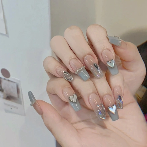 Handmade Press On Nails Coffin Shape Heart Butterfly Rhinestone Gradient Artificial Nail Art For Women Spicy Girl Style