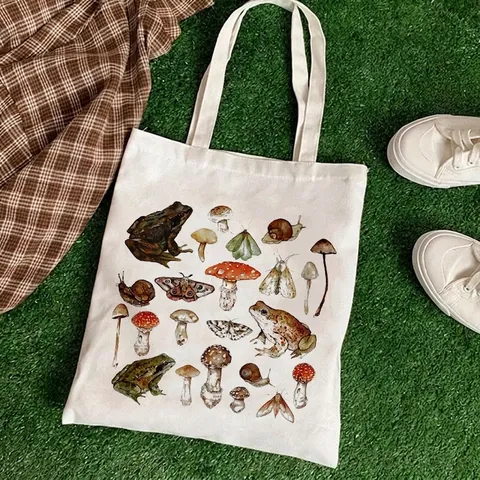 Vintage Mushroom Botanical Print Canvas Tote Bag Aesthetic Frog Butterfly Illustration Shoulder Bag Harajuku Reusable Handbag For Women Daily Shopping Casual Travel Accessory