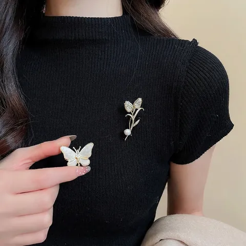 Broche Tulipan Mariposa Vintage Elegante Cobre Chapado Oro 14K Con Circonita Y Perla Artificial Retro Frances Para Mujer Accesorio