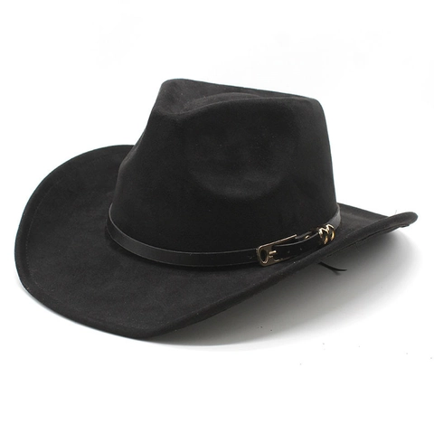 Chapeau De Cow-Boy Occidental Suédine Large Bord Vintage Fedora Avec Décor De Boucle De Ceinture Jazz
