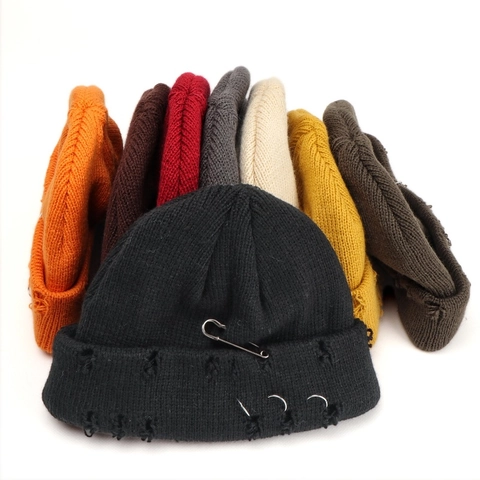 Distressed Knit Beanie Hat Punk Style With Metal Rings And Safety Pins Warm Acrylic Hip Hop Skull Cap Unisex