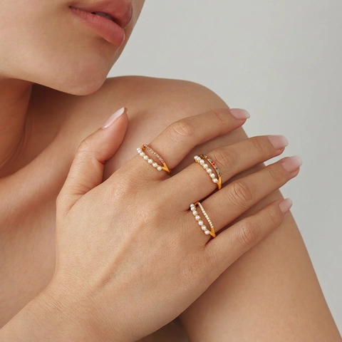Double Layer Ring Stainless Steel Faux Artificial Pearl Zircon Inlaid Open Adjustable Elegant Fashion Jewelry For Women