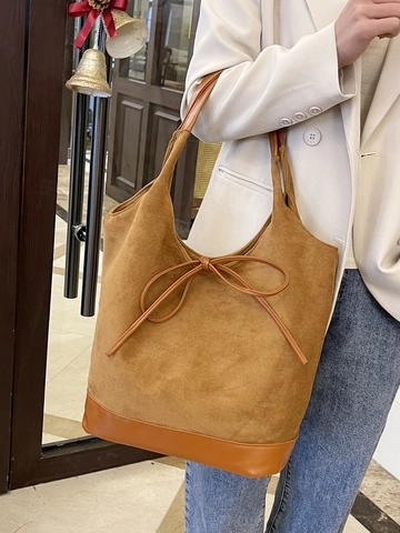 Große Kapazität Tote Bag Wildleder Optik PU Leder Nähte Schleife Dekor Schultertasche Lässig Pendeln Retro