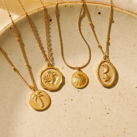 Retro Roestvrij Stalen Vergulde Munt Hanger Ketting Voor Vrouwen Kokosnootboom Maan Ster Schelp Strass Tropische Sieraden