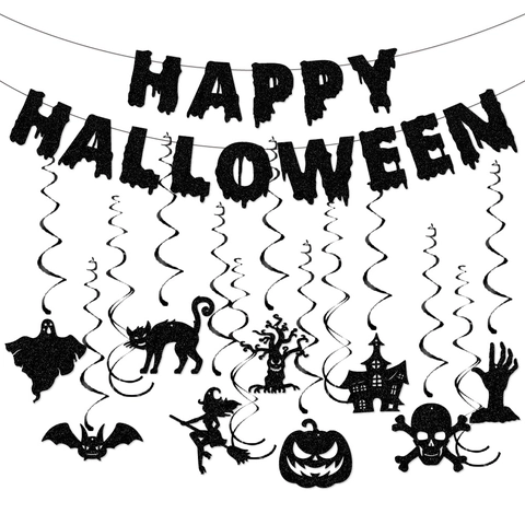 Banner Happy Halloween Glitter Nero Decorazioni Appese Spirale Zucca Pipistrello Fantasma Casa Stregata Accessori Festa Horror