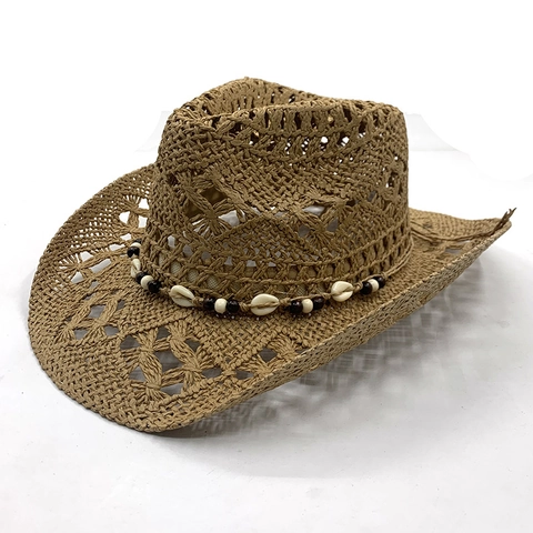 Sombrero de Paja Vaquero Occidental Con Cuentas de Concha Calado Transpirable Sombrero de Sol de Verano para Hombre Mujer Accesorio de Vacaciones