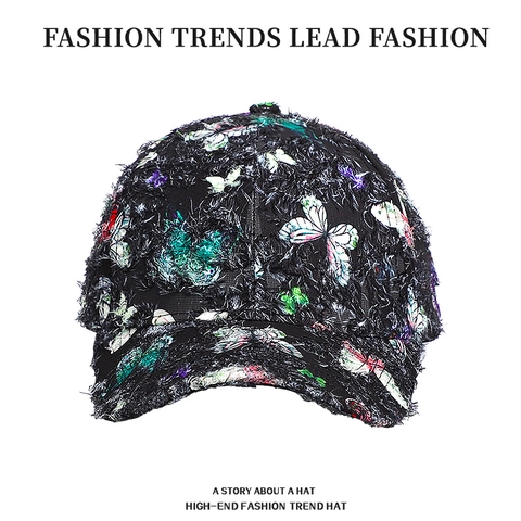 Gorra De Béisbol Con Estampado De Mariposas Efecto Desgastado Flecos Streetwear Gorro Sol Ajustable Estilo Retro