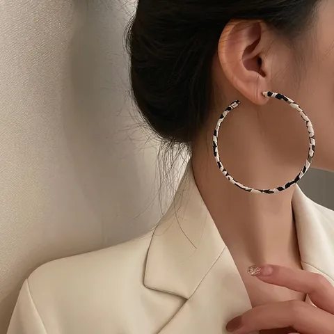 French Vintage Black And White Leather Hoop Earrings With 925 Sterling Silver Earring Post Geometric Minimalist For Women