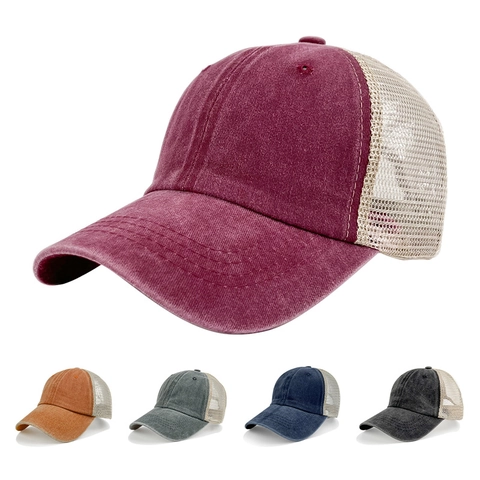 Washed Cotton Trucker Hat Vintage Distressed Baseball Cap Breathable Mesh Sun Protection Outdoor Adjustable For Men Women