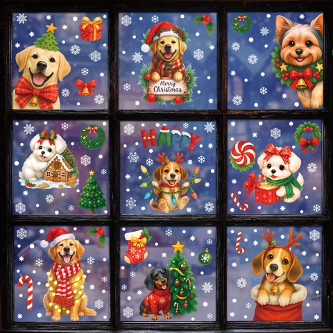 Christmas Dog Window Clings Double Sided Static Stickers Cartoon Puppy Santa Hat Snowflake Holiday Glass Decor Novelty