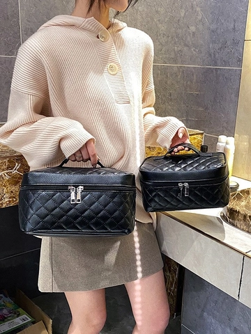 Borsa Trucco Trapuntata A Rombi In Pelle PU Grande Capacità Organizzatore Da Viaggio Trousse Cosmetica A Mano Doppia Cerniera