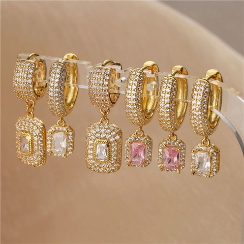 Kupfer 18K Vergoldete Rechteckige Creolen Ohrringe Mit Zirkonia Micro Pave Rosa Weiß Geometrisch Für Damen