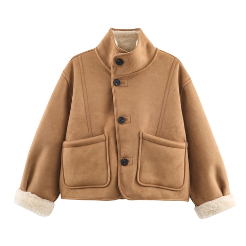 Women Reversible Faux Suede Lamb Wool Jacket Stand Collar Buttoned Short Warm Winter Coat With Pockets