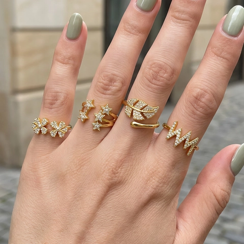 Adjustable Open Ring Copper Cubic Zirconia Leaf Star Flower Lightning Shaped Fashion Minimalist Jewelry For Women