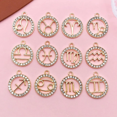 Zodiac Sign Charms Pendants Alloy Rhinestone Hollow Round Astrological Symbol For DIY Jewelry Making Necklaces Earrings