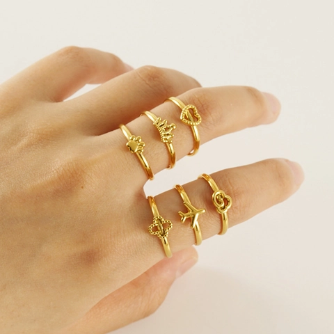 Edelstahlringe 18K Vergoldet Verstellbar Minimalistischer Schmuck Damen Flugzeug Herz Krone Kleeblatt Elegant