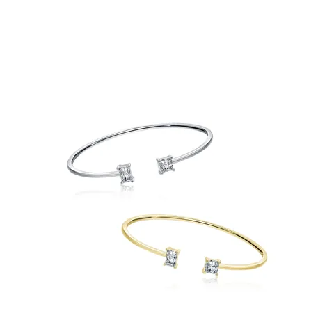 925 Sterling Silver Open Bangle Women Minimalist Emerald Cut Rectangular Cubic Zirconia Geometric Adjustable Bracelet