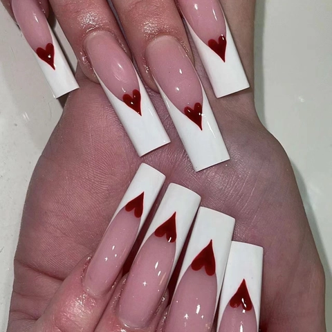 French Press On Nails Long Square Coffin White V Tips Red Heart Pattern Glossy Fake Nails Sweet Romantic Detachable