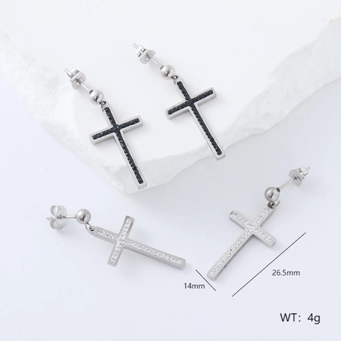 Stainless Steel Cross Drop Earrings Inlaid White Black Rhinestones Punk Gothic Fashion Jewelry Unisex