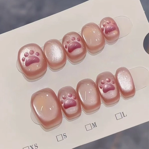 Uñas Postizas Hechas A Mano Efecto Ojo De Gato Magnético Con Relieve De Pata De Gato Estilo Dulce Uñas Artificiales Reutilizables