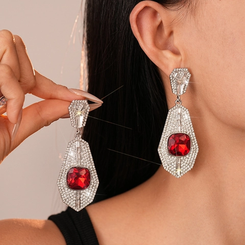 Vintage Luxury Alloy Rhinestone Square Geometric Drop Earrings With 925 Sterling Silver Earring Post For Women Elegant