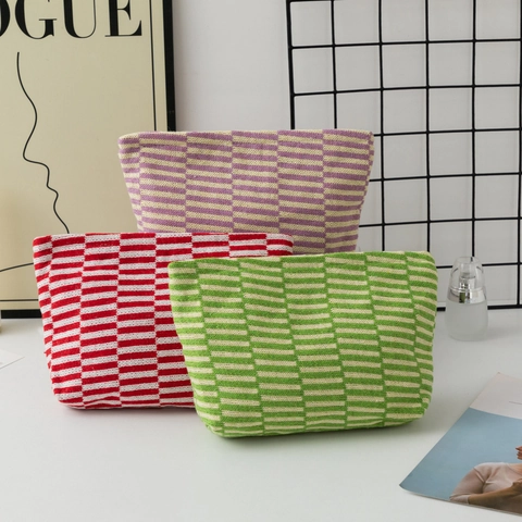 Knitted Cosmetic Bag Large Capacity Striped Plaid Storage Pouch Portable Makeup Organizer For Women Travel
