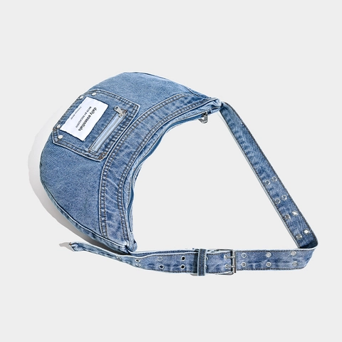 Washed Denim Hobo Bag Retro Crescent Shoulder Bag With Metal Eyelet Adjustable Strap Casual Y2K Style Women