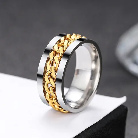 Stainless Steel Spinner Ring Rotatable Chain Inlay Punk Hip Hop Style Band For Men Women Non Tarnish Fashion Jewelry