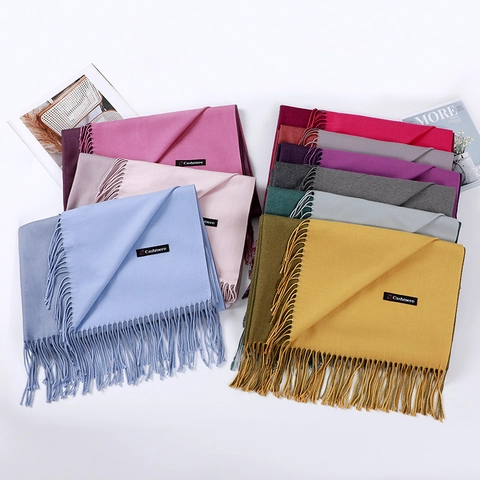 Sciarpa Scialle Inverno Imitazione Cashmere Misto Lana Cotone Doppia Faccia Nappa Lunga Calda Colore Solido Moda Donna Uomo