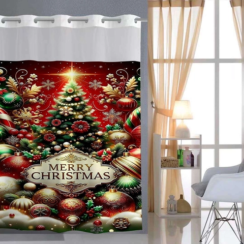 Christmas Shower Curtain Hookless Double Layer Waffle Weave Waterproof Removable Liner Mesh Window Bathroom Decor