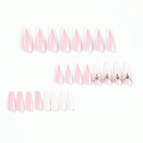 Unghie Finte Press On French Tip Lunghe Forma Bara Glitter Argento Strass Rosa Sfumato Elegante Manicure Fai Da Te Per Donne