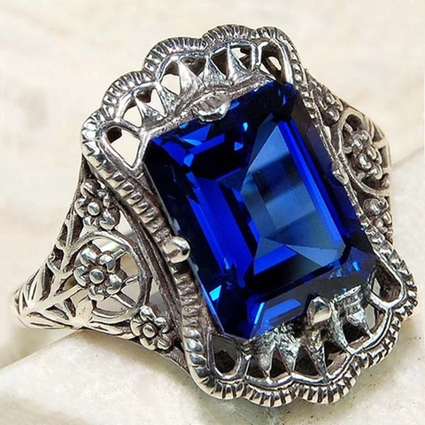Bague Ajourée Style Palais Vintage Cuivre Incrusté De Zircon Bleu Royal Filigrane Design Victorien Bijoux Pour Femmes