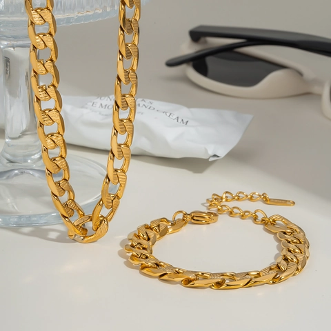 Collana E Bracciale A Catena Cubana Minimalista Acciaio Inossidabile Placcato Oro PVD Impermeabile Gioielli Donne