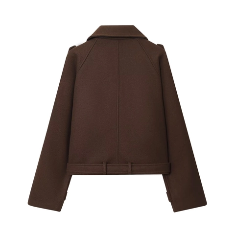 Veste Courte En Laine Pour Femmes Boutons Avec Ceinture Col À Revers Manches Longues Décontracté Mode Marron Foncé