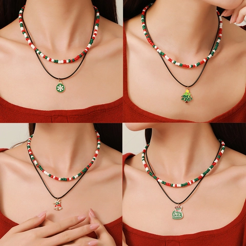 Collana Di Natale Doppio Strato Perline Rosso Bianco Verde Ciondolo Lega Gioielli Festivi Accessorio