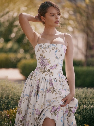 Abito Midi Stampa Floreale Poliestere Vita Sottile Spalline Sottili Stile Francese Vacanze Estive Donne Eleganti