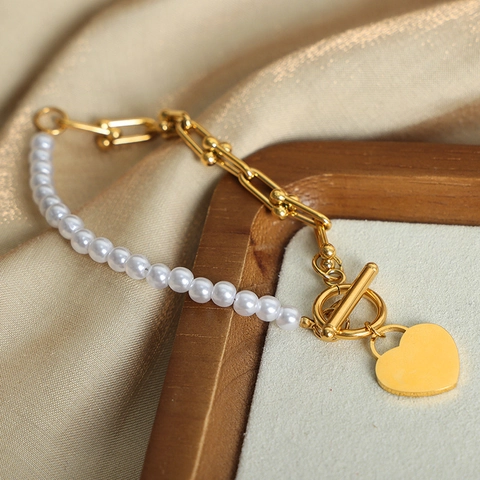 Titanium Steel Heart Pendant Bracelet For Women Retro Fashion Jewelry With Artificial Pearl Splicing Chain And OT Buckle