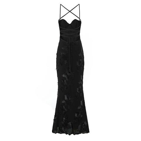 Women 3D Floral Applique Evening Maxi Dress Corset Boning Mesh Lace Up Backless Sexy Fishtail Party Formal Gown