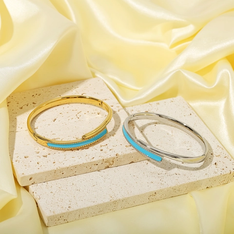 Vintage Geometric Open Bangle 18K Gold Plated Stainless Steel Blue Enamel Minimalist Cuff Bracelet For Women