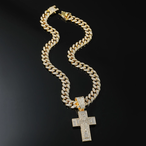 Cross Pendant Necklace Alloy Rhinestone Full Pavé Cuban Chain Hip Hop Style Jewelry For Men