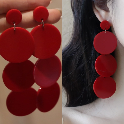 Retro Red Tiered Circle Acrylic Earrings With 925 Sterling Silver Earring Post Minimalist Geometric Style For Women