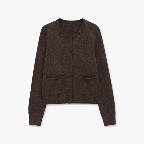 Women Knitted Cardigan Sweater Round Neck Long Sleeve Button Down With Pockets Slim Fit Solid Color Soft Outerwear