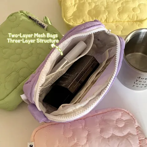 Gesteppte Kosmetiktasche Mit Blumenmuster Tragbare Mini Polyester Aufbewahrungstasche Reißverschluss Netzorganisator Für Frauen Studenten