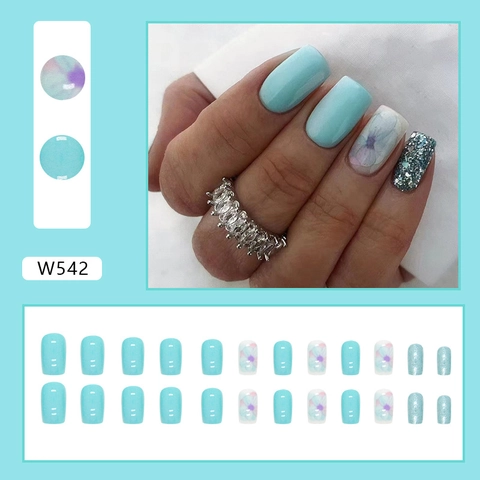 Press On Nägel Hellblau Vintage Blumenmuster Quadratische Form Falsche Nägel Mit Glitzer Full Cover Maniküre Für Frauen