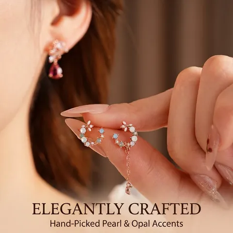 Asymmetrische Bloem Maan Oorbellen Met Zilveren Steker Zirkoon Roségoud Koper Waterdruppel Kwast Elegante Sieraden
