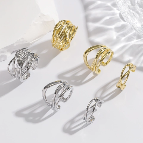 Unisex Minimalist Irregular Line Open Adjustable Copper Ring Gold Silver Electroplated Multi Layer Woven Rings Ear Clip Jewelry