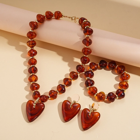 Collana Di Perline Con Pendente A Cuore Retro Acrilico Texture Marmo Resina Gioielli Eleganti Stile Vacanza